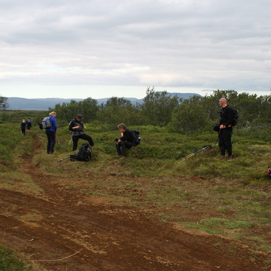 Áning við vegamót 2,5 km vestan Undirveggjar. Sandfell t.v. og Hafrafell t.h.