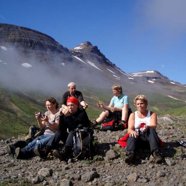 Kominn uppúr þokunni í heiðann himinn krummi og Skarðsárhnjúkur í baksýn