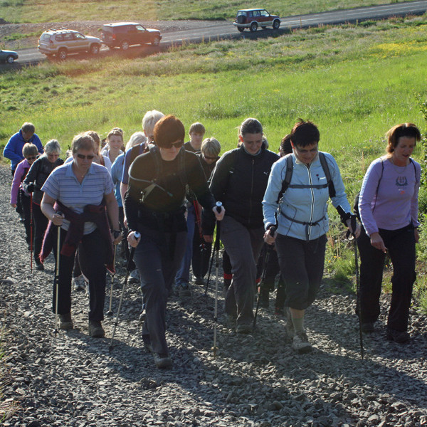 Lagt af stað upp brekkuna ofan Veigastaða.