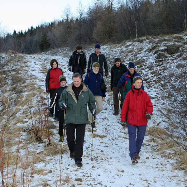 Komið niður úr skóginum á bílastæðið v/ Leiruveg.