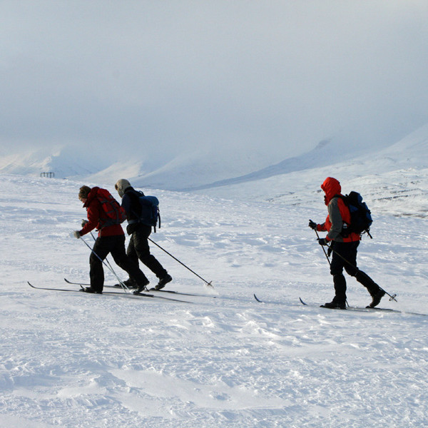 Haldið á brattann norðan við gil Geldingsár.