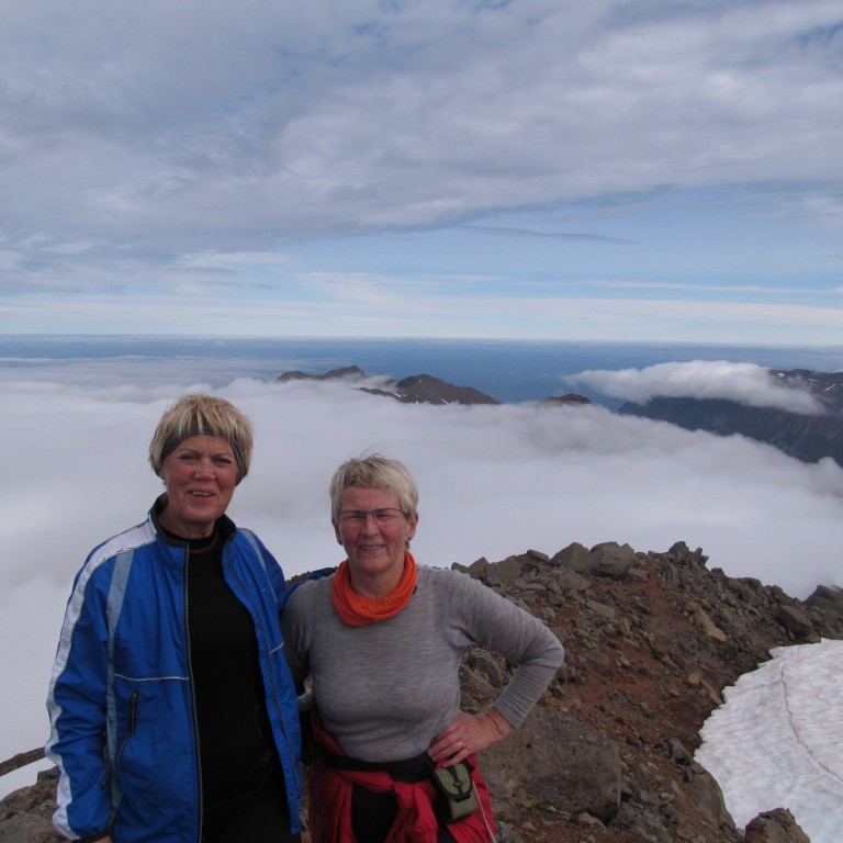 Elín H og Elín S með hyrnurnar upp úr þokunni í baksýn.