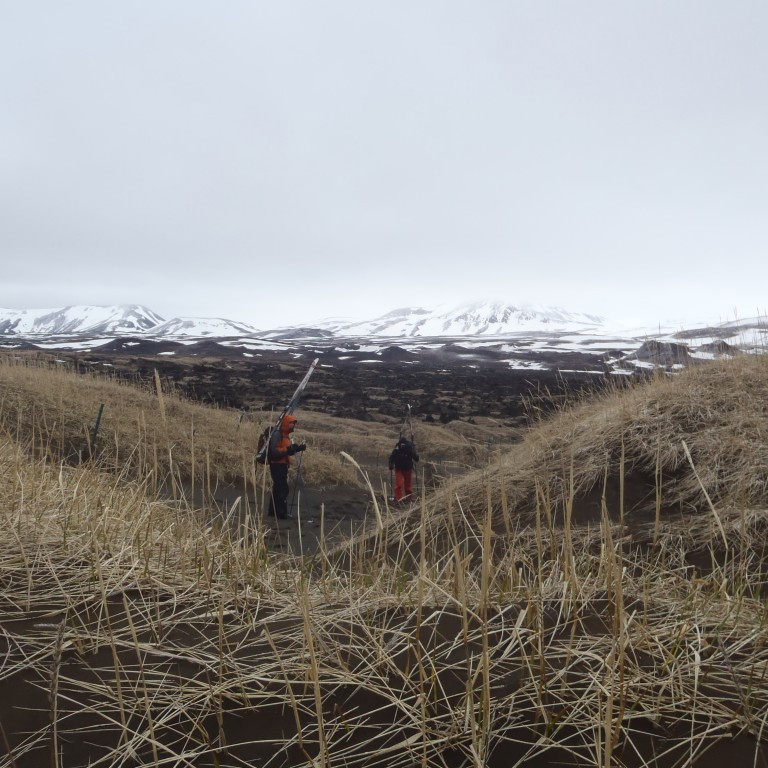 Gengið meðfram girðingu að Garði í Mývatnssveit.
