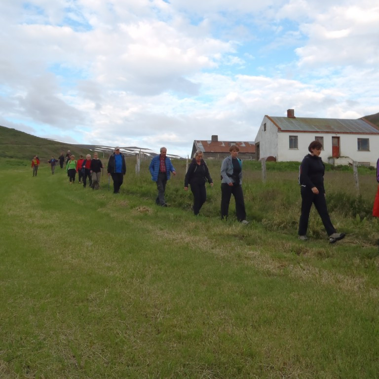 Gengið eftir vegi niður að fjöru.