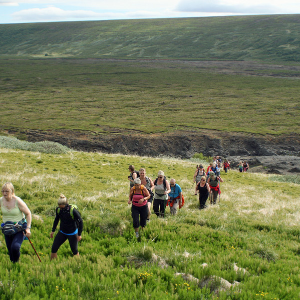 Á leið upp túnið í Barnafelli frá Barnafossi