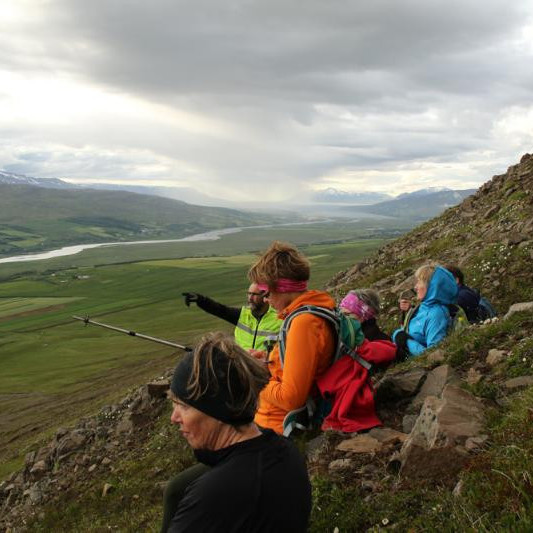 Fararstjórinn að lýsa þvi sem fyrir augu ber.