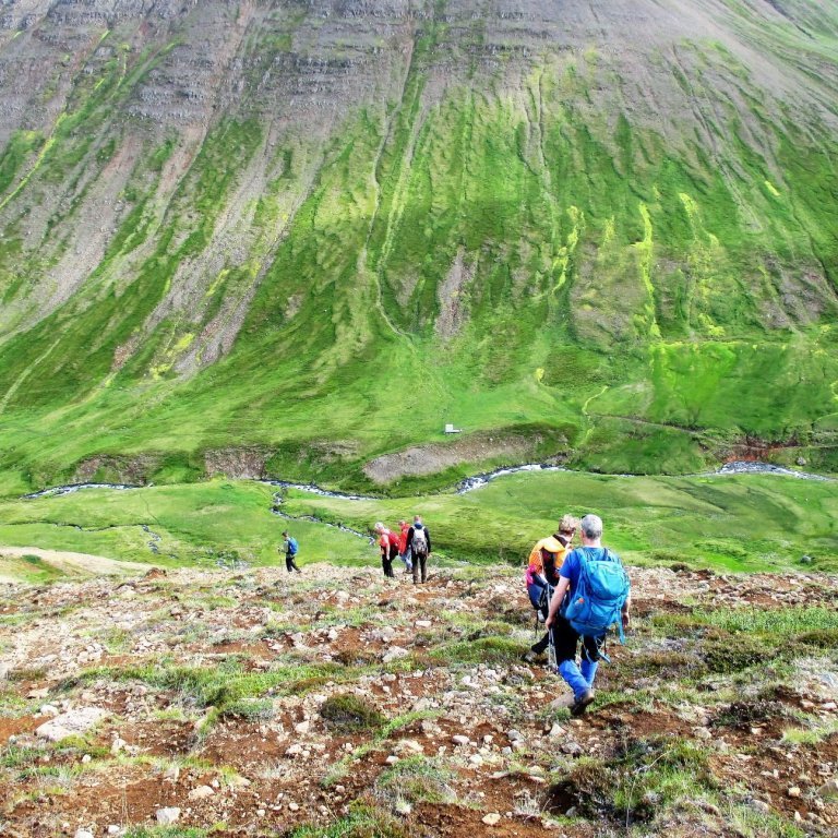 Brekkan niður úr Grímudal til Böggvisstaðadals er æði brött. Kofi er á árbakkanum lengst niðri. Rétt neðan við Kofa er göngubrú á Brimnesánni.