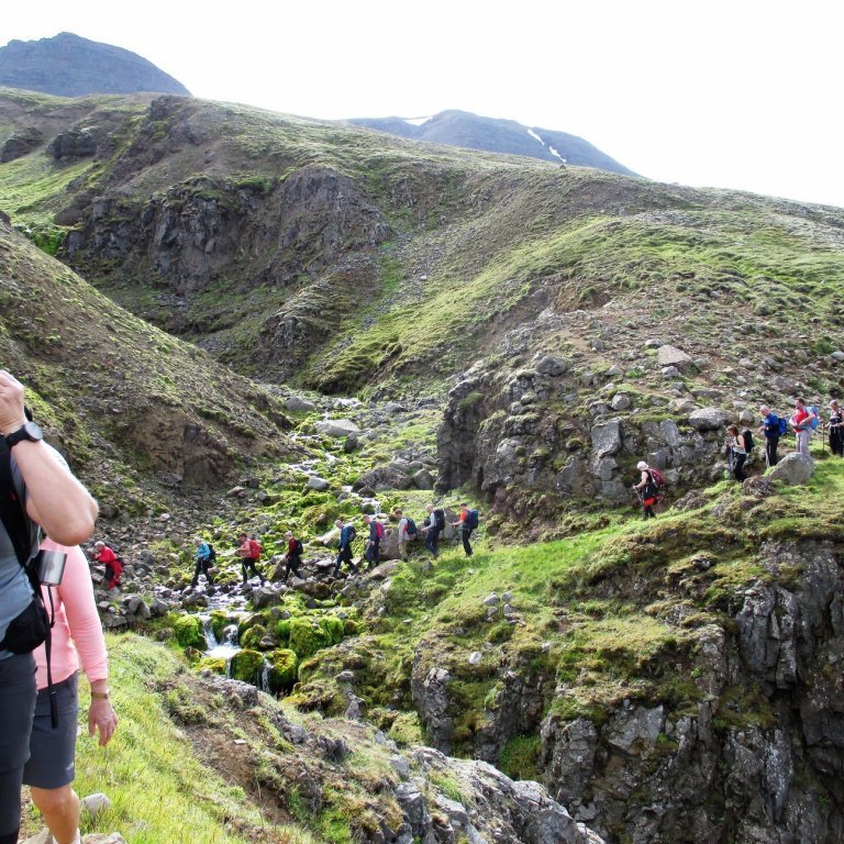 Gengið yfir eitt af mörgum giljum og gilskorningum á heiðinni.