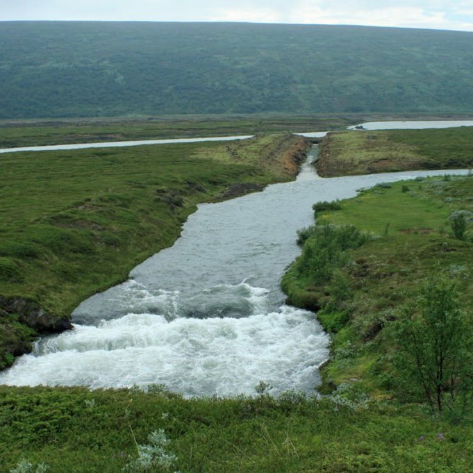 Barnafoss í Skjálfandafljóti. Til hægri fellur Djúpá í fosshyl Skjálfandafljóts.