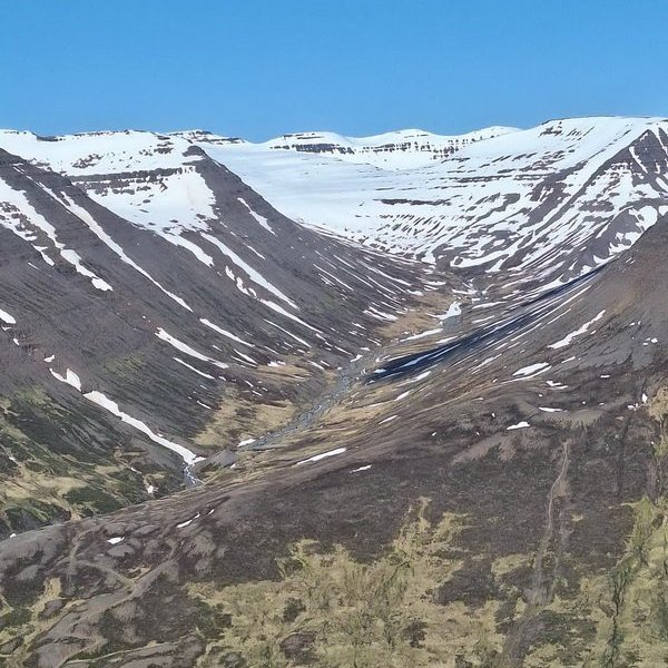 Horft fram Skíðadal, einn af þverdölum Kolbeinsdals. Úr botni Skíðadals ( lægðina) liggur gönguleið yfir í Þverár/Kóngstaðadal - sem er einn þver/afsala hins Eyfirska Skíðadals.