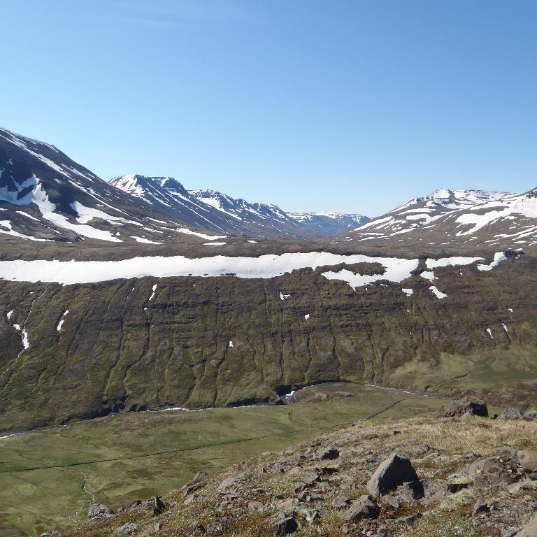 Séð niður Hörgárdalsheiði. F.v. Grjótárfjall, Víkingsdalur, Víkingsfjall, Trippaskál, 
Hörgárdalsheiði