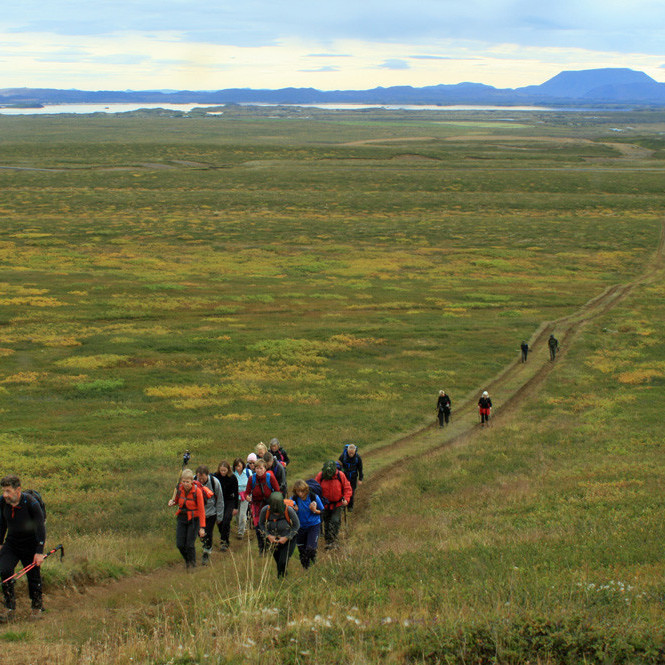 Gengið upp Bröttubrekku. Mývatn og Búrfell í baksýn.
