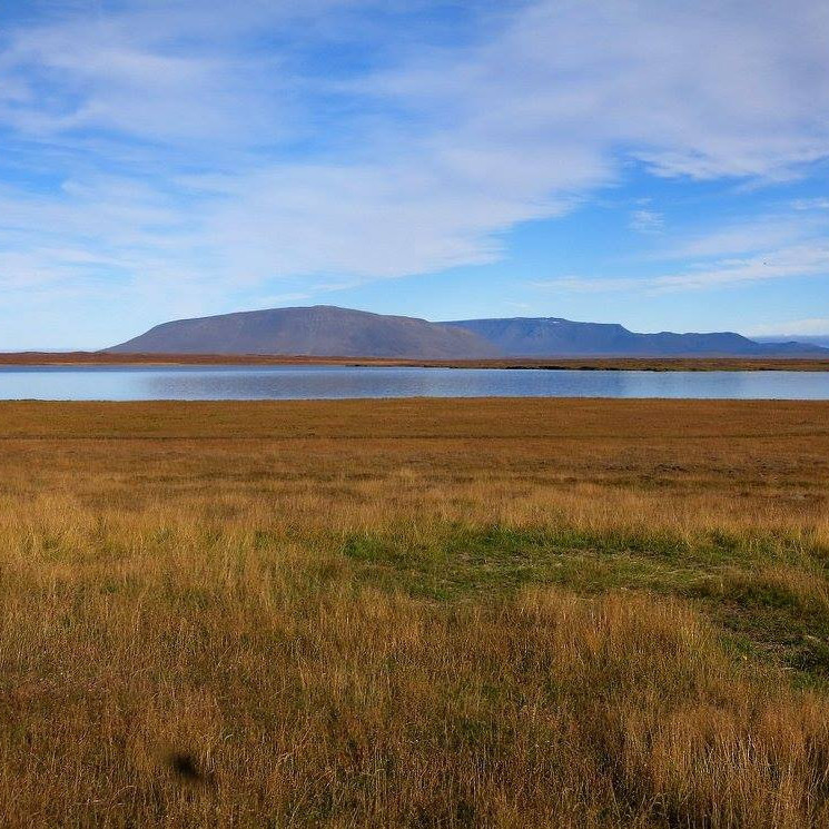 Engjar við Svartárkot, vatnið og fjöllin.