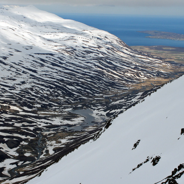 Horft norður Þorvaldsdal til Hríseyjar.