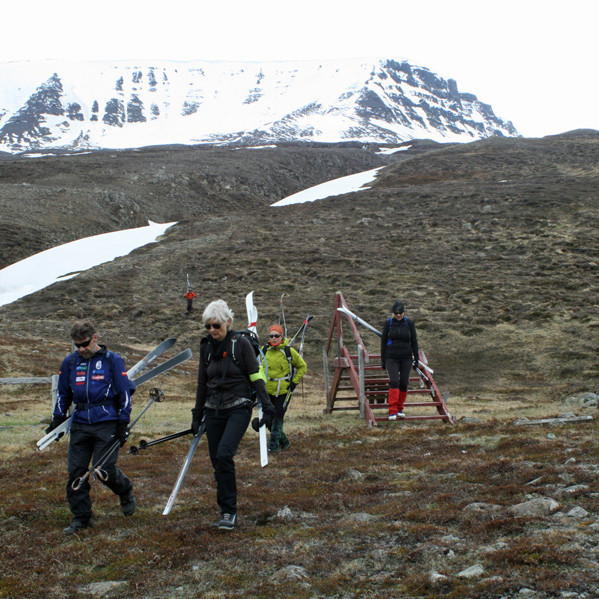 Á heimleið: Gengið yfir prílu á girðingu rétt norðan Reistarár.