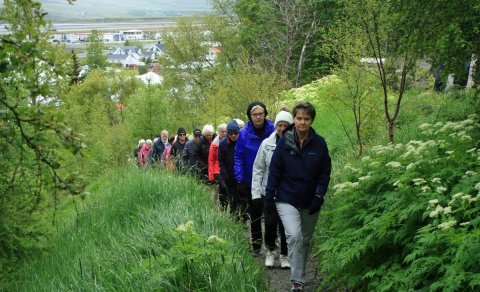 Á leið upp skjólgóðan stíg úr Aðalstræti á Spítalaveg í Innbænum á Akureyri.